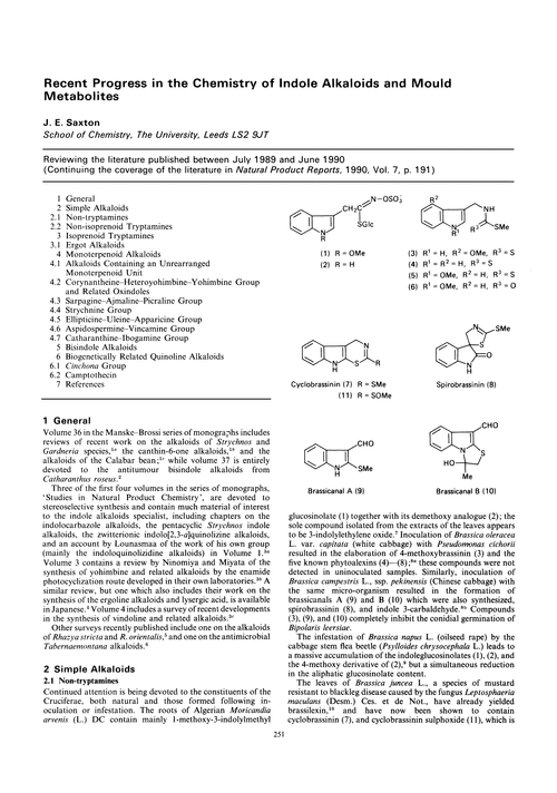 Recent progress in the chemistry of indole alkaloids and mould metabolites