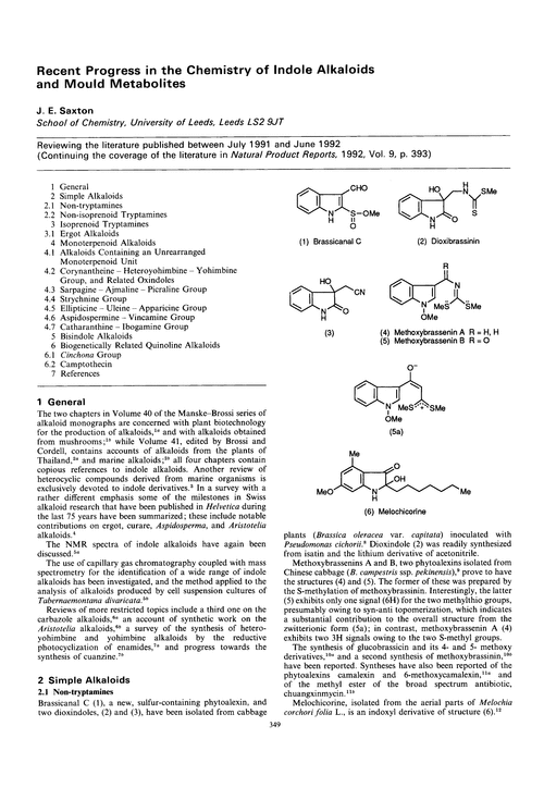 Recent progress in the chemistry of indole alkaloids and mould metabolites