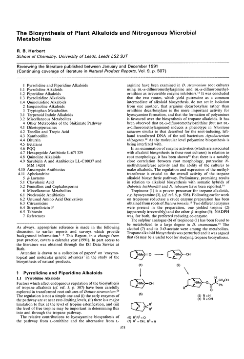 The biosynthesis of plant alkaloids and nitrogenous microbial metabolites