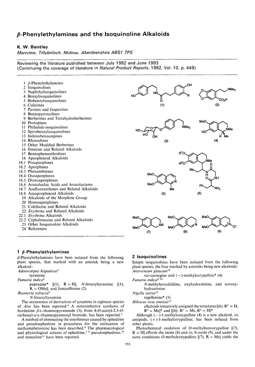 β-Phenylethylamines and the isoquinoline alkaloids