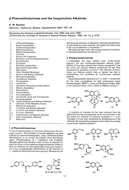β-Phenylethylamines and the isoquinoline alkaloids