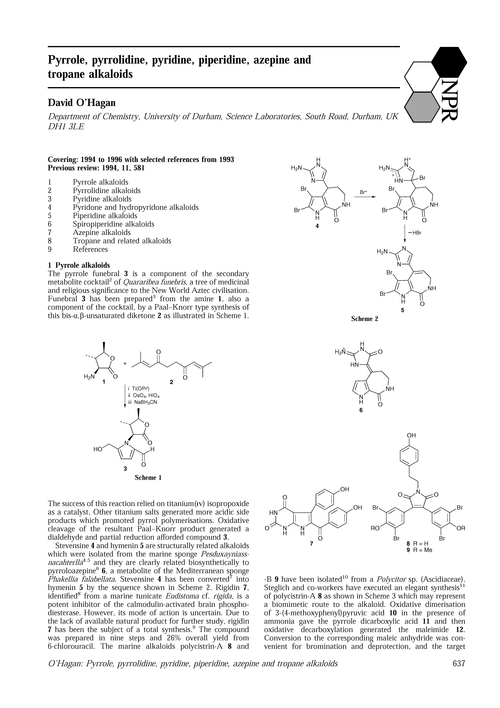 Pyrrole, pyrrolidine pyridine, piperidine, azepine and tropane alkaloids