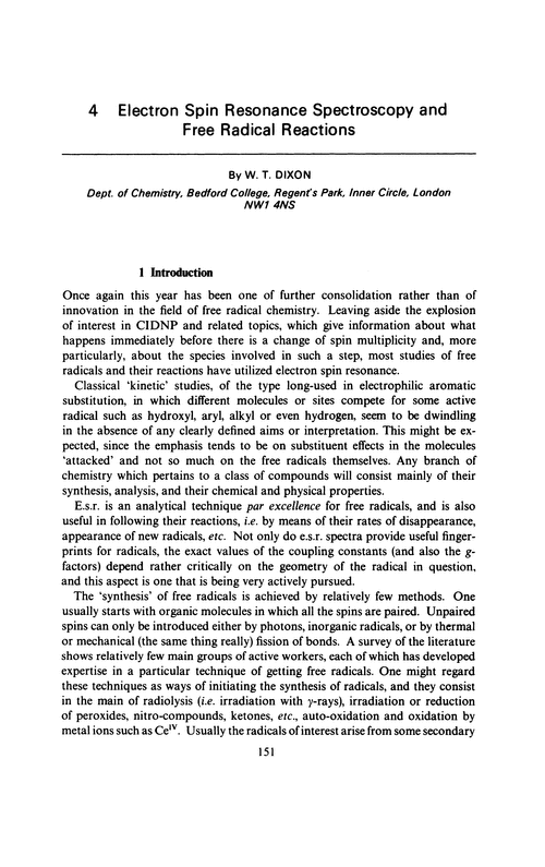 Chapter 4. Electron spin resonance spectroscopy and free radical reactions