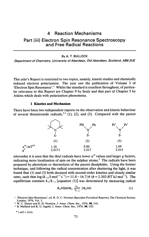 Chapter 4. Reaction mechanisms. Part (iii) Electron spin resonance spectroscopy and free radical reactions