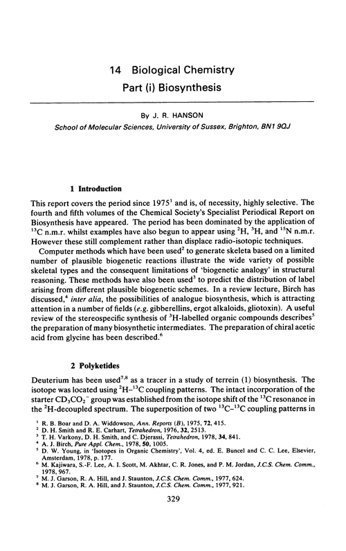 Chapter 14. Biological chemistry. Part (i) Biosynthesis