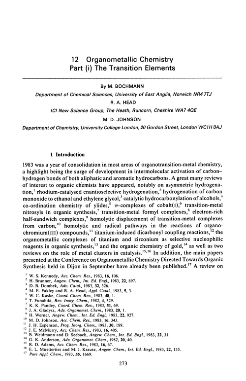 Chapter 12. Organometallic chemistry. Part (i) The transition elements