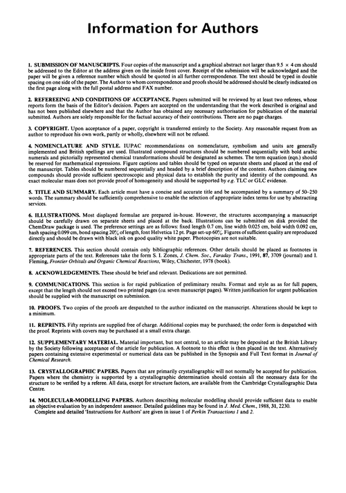 Back Cover Journal Of The Chemical Society Perkin Transactions