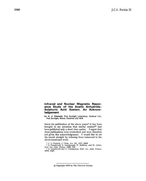Infrared and nuclear magnetic resonance study of the acetic anhydride–sulphuric acid system. An acknowledgement