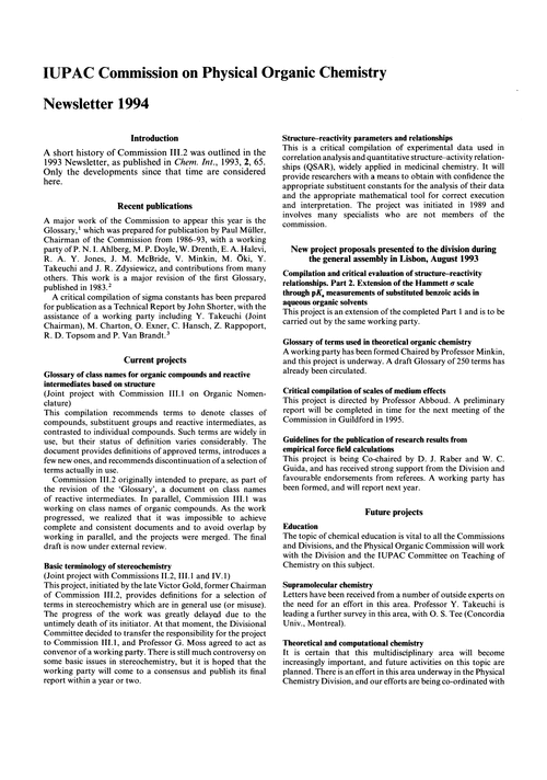 IUPAC Commission on Physical Organic Chemistry. Newsletter 1994