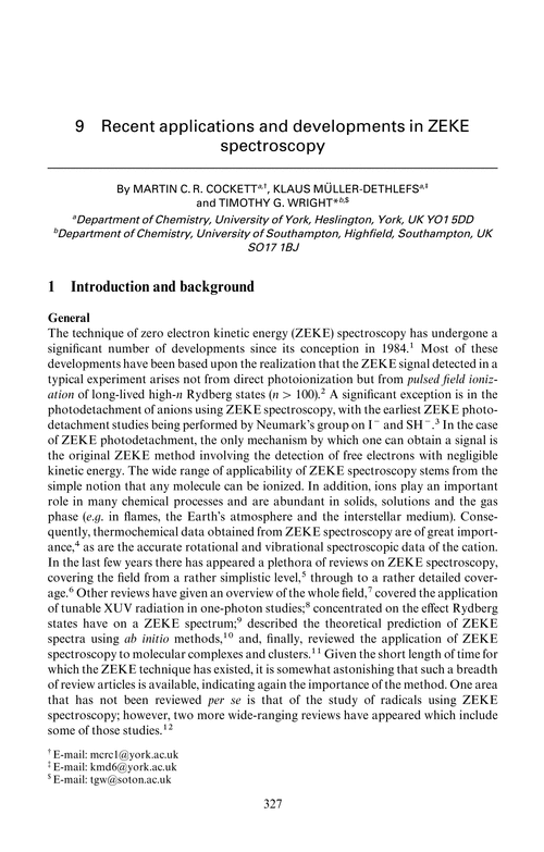 Chapter 9. Recent applications and developments in ZEKE spectroscopy