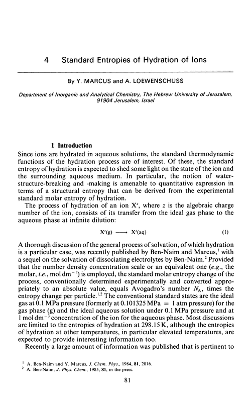 Chapter 4. Standard entropies of hydration of ions