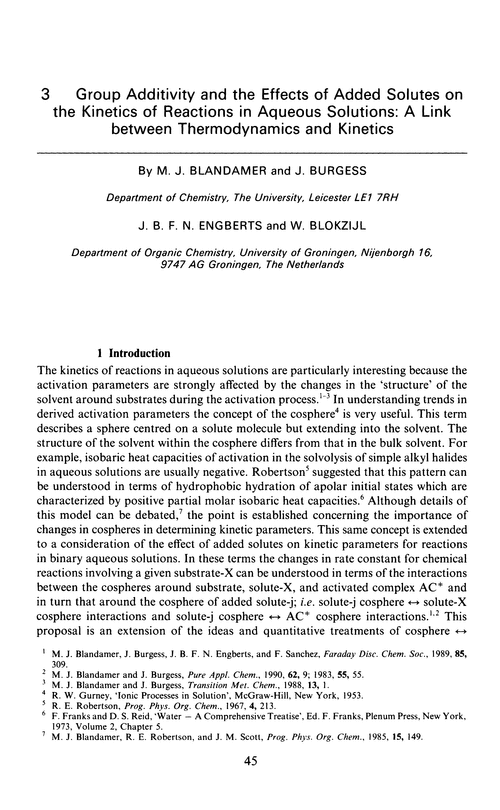 Chapter 3. Group additivity and the effects of added solutes on the kinetics of reactions in aqueous solutions: a link between thermodynamics and kinetics