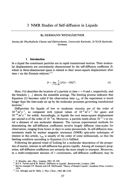 Chapter 3. NMR studies of self-diffusion in liquids