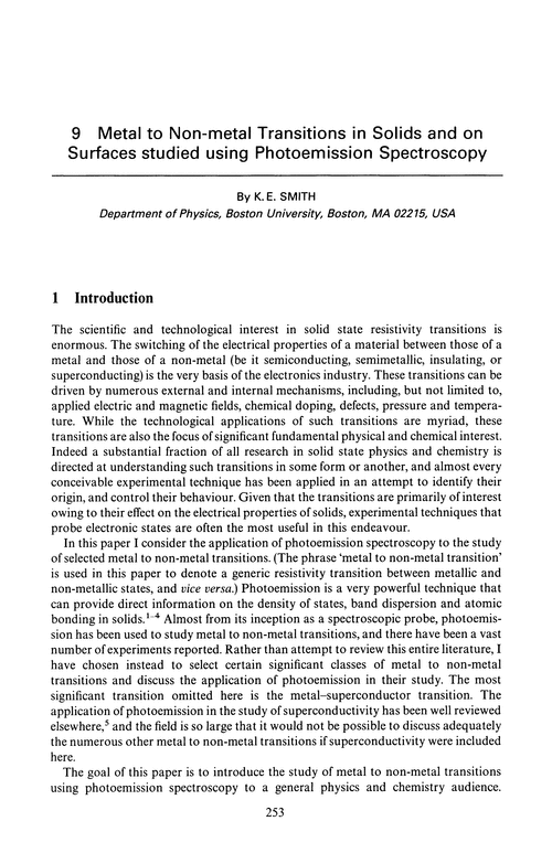 Chapter 9. Metal to non-metal transitions in solids and on surfaces studied using photoemission spectroscopy