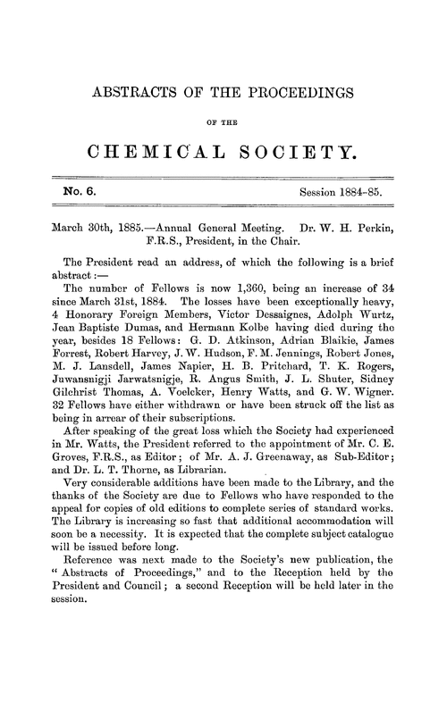 Abstracts of the Proceedings of the Chemical Society, Vol. 1, No. 6