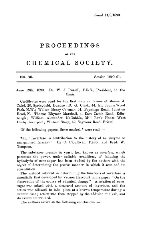 Proceedings of the Chemical Society, Vol. 6, No. 86