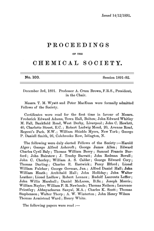Proceedings of the Chemical Society, Vol. 7, No. 103