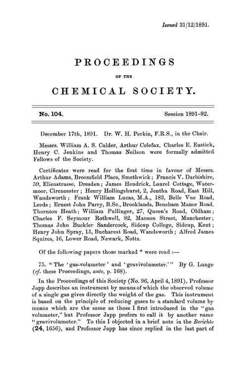 Proceedings of the Chemical Society, Vol. 7, No. 104