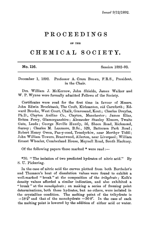 Proceedings of the Chemical Society, Vol. 8, No. 116