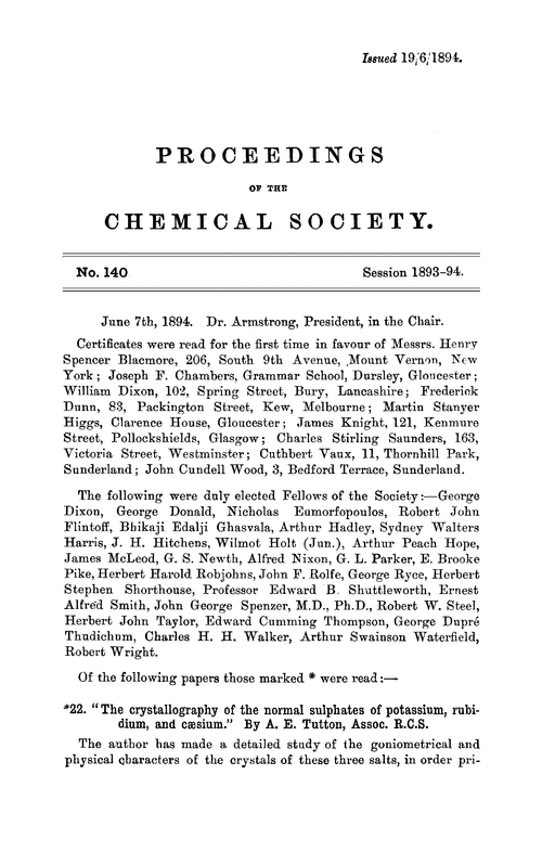 Proceedings of the Chemical Society, Vol. 10, No. 140