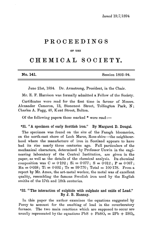 Proceedings of the Chemical Society, Vol. 10, No. 141