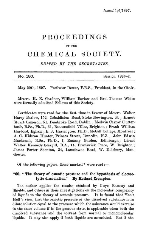 Proceedings of the Chemical Society, Vol. 13, No. 180