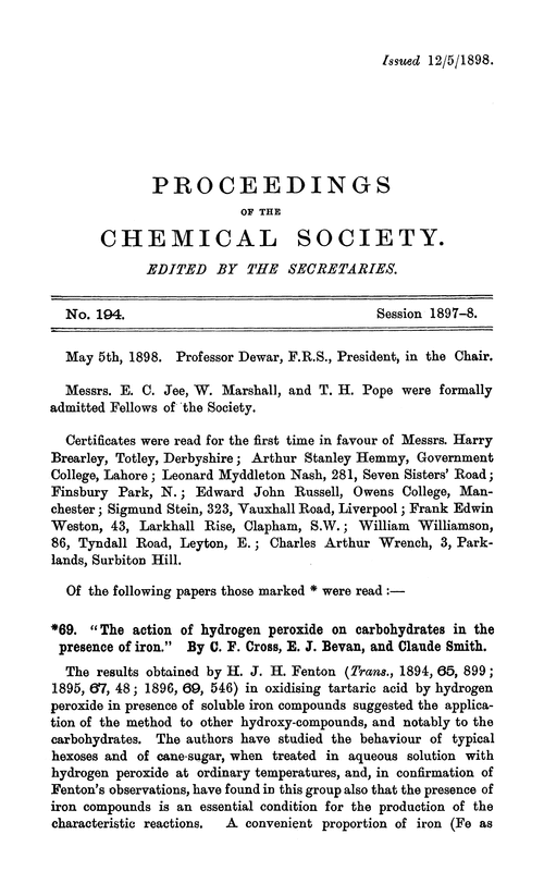 Proceedings of the Chemical Society, Vol. 14, No. 194