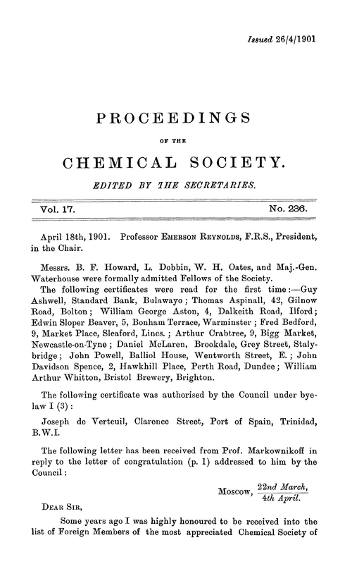 Proceedings of the Chemical Society, Vol. 17, No. 236