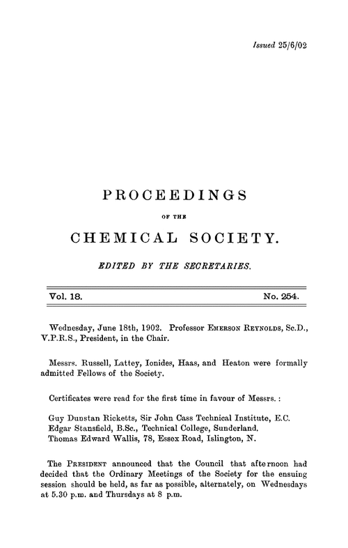 Proceedings of the Chemical Society, Vol. 18, No. 254