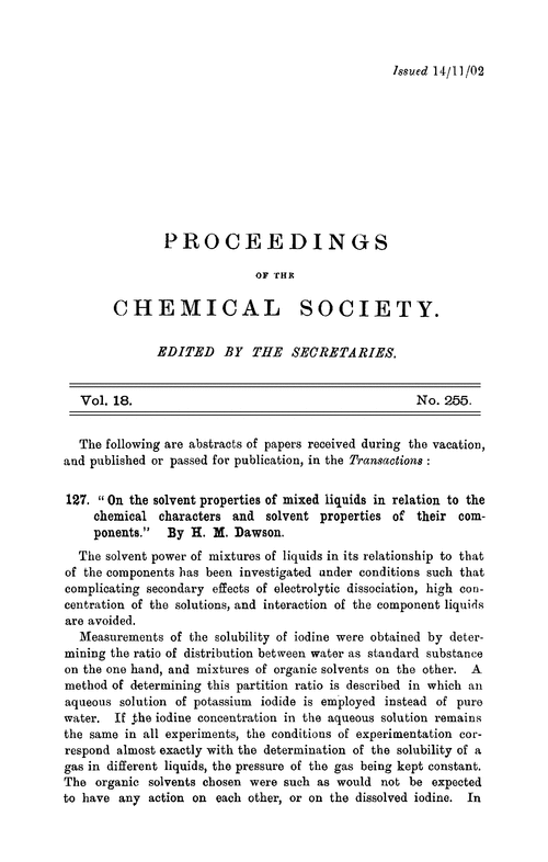 Proceedings of the Chemical Society, Vol. 18, No. 255