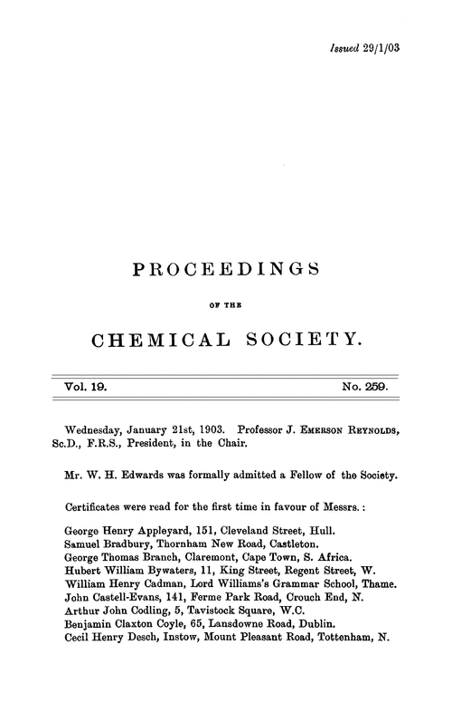 Proceedings of the Chemical Society, Vol. 19, No. 259