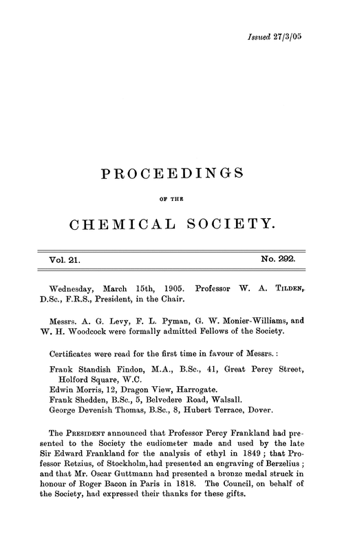 Proceedings of the Chemical Society, Vol. 21, No. 292