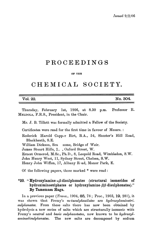 Proceedings of the Chemical Society, Vol. 22, No. 304