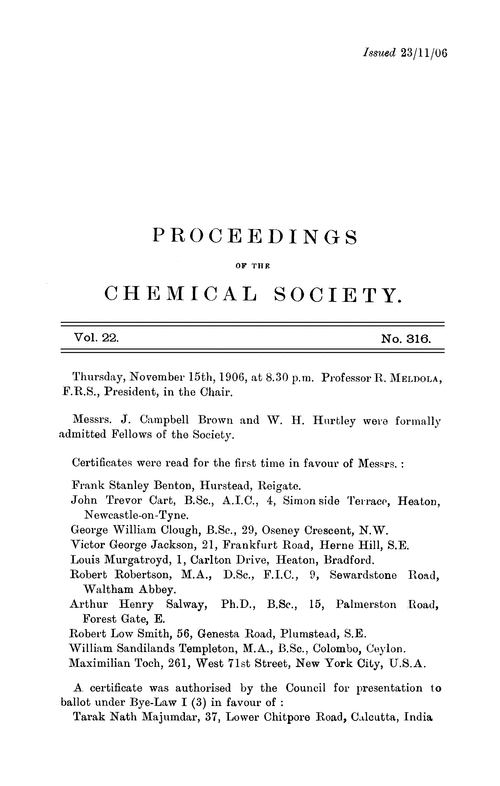 Proceedings of the Chemical Society, Vol. 22, No. 316