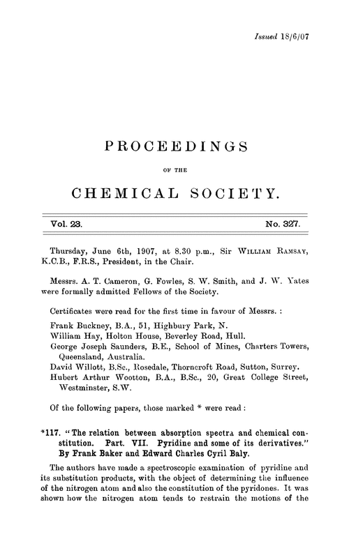Proceedings of the Chemical Society, Vol. 23, No. 327