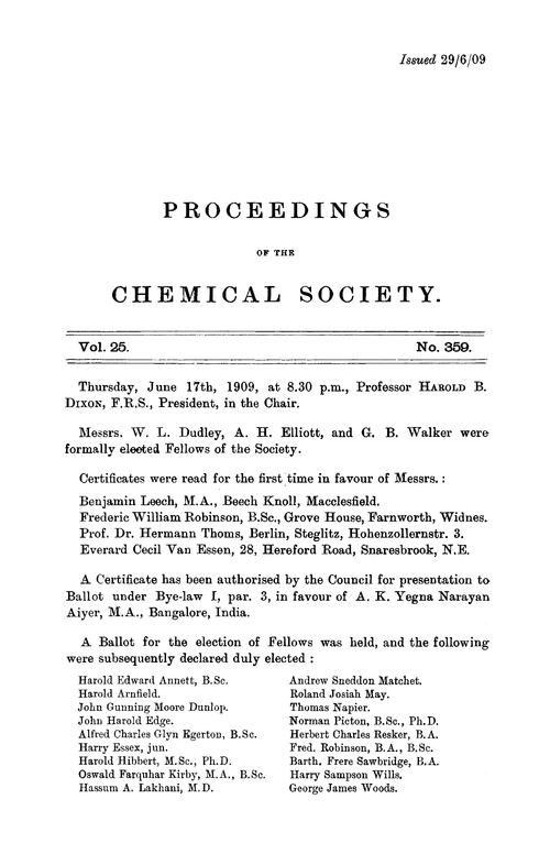 Proceedings of the Chemical Society, Vol. 25, No. 359
