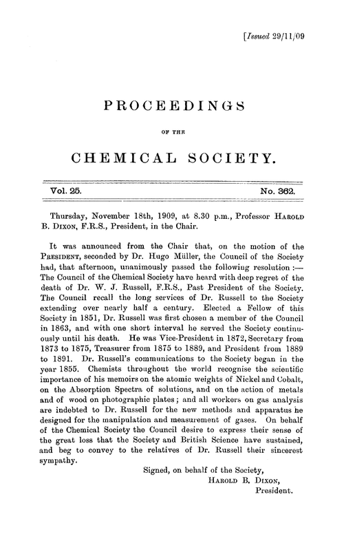 Proceedings of the Chemical Society, Vol. 25, No. 362