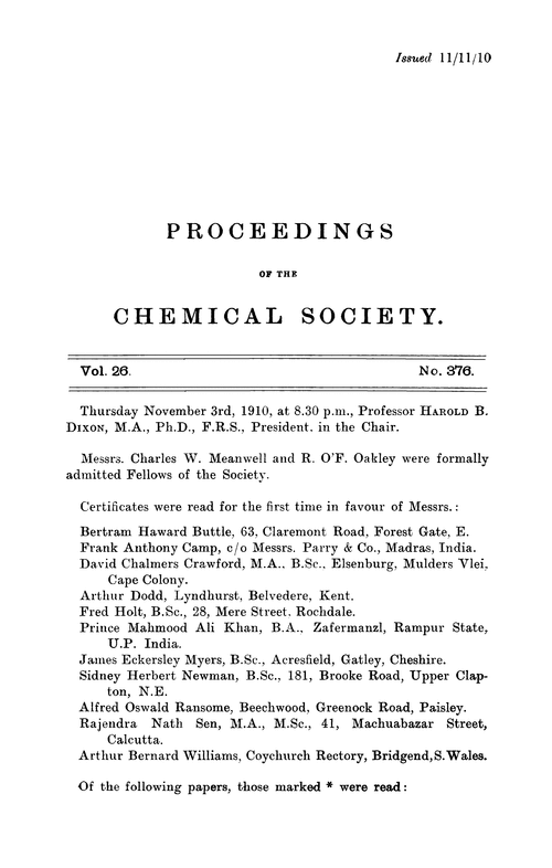 Proceedings of the Chemical Society, Vol. 26, No. 376