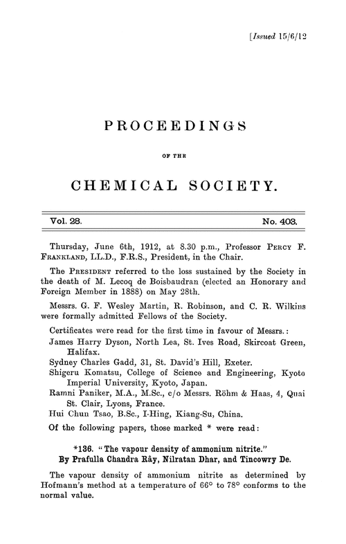 Proceedings of the Chemical Society, Vol. 28, No. 403