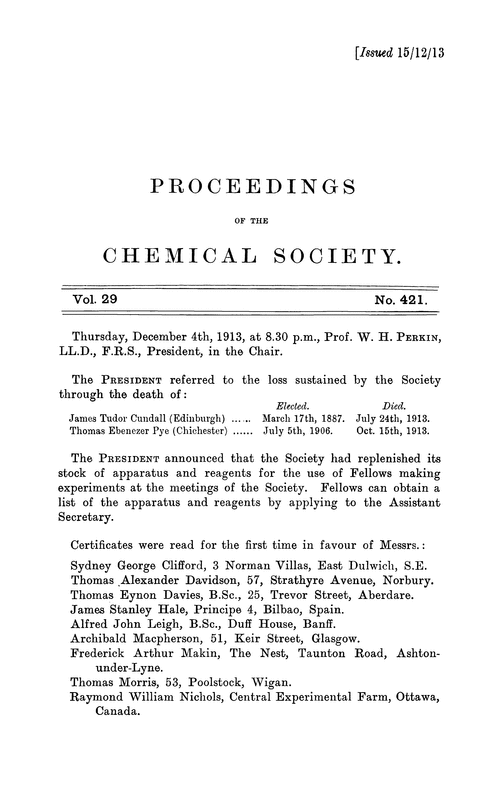 Proceedings of the Chemical Society, Vol. 29, No. 421