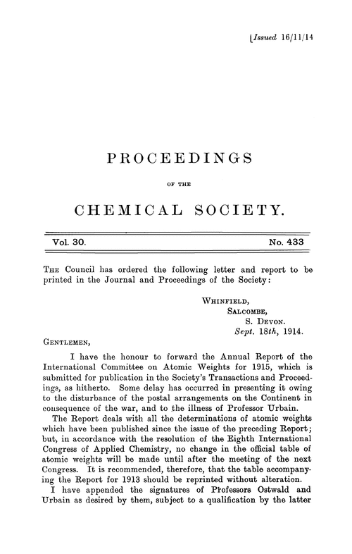 Proceedings of the Chemical Society, Vol. 30, No. 433