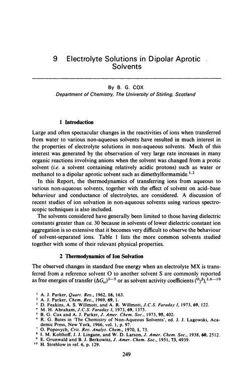 Chapter 9. Electrolyte solutions in dipolar aprotic solvents