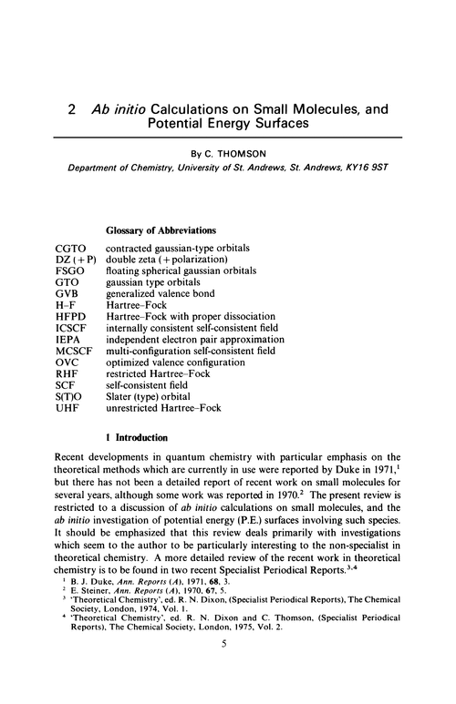 Chapter 2. Ab initio calculations on small molecules, and potential energy surfaces