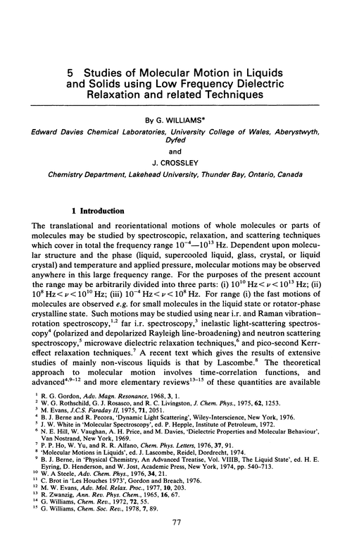 Chapter 5. Studies of molecular motion in liquids and solids using low frequency dielectric relaxation and related techniques