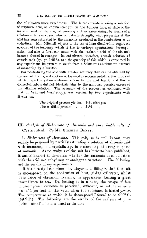III. Analysis of bichromate of ammonia and some double salts of chromic acid