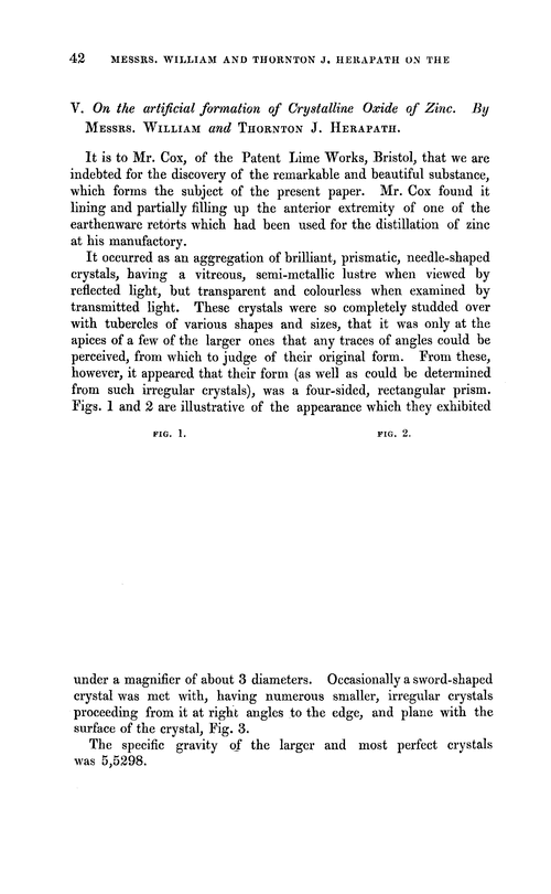 V. On the artifical formation of crystalline oxide of zinc