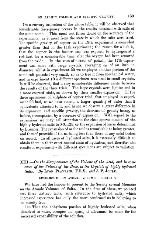 XIII.—On the disappearance of the volume of the acid, and in some cases of the volume of the base, in the crystals of highly hydrated salts