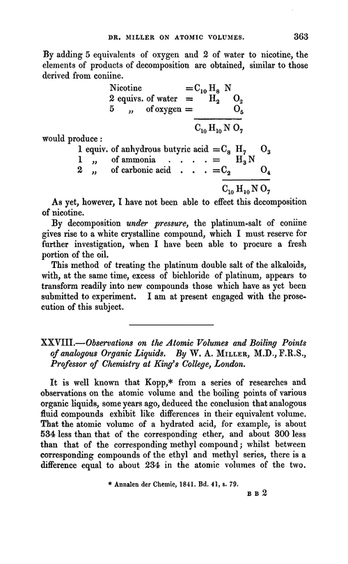 XXVIII.—Observations on the atomic volumes and boiling points of analogous organic liquids