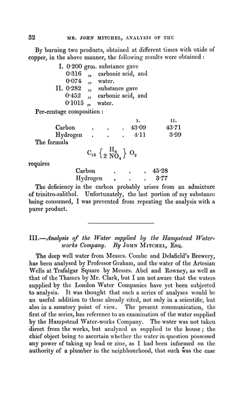 III.—Analysis of the water supplied by the Hampstead Waterworks Company
