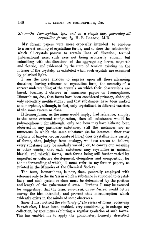 XV.—On isomorphism, &c., and on a simple law, governing all crystalline forms